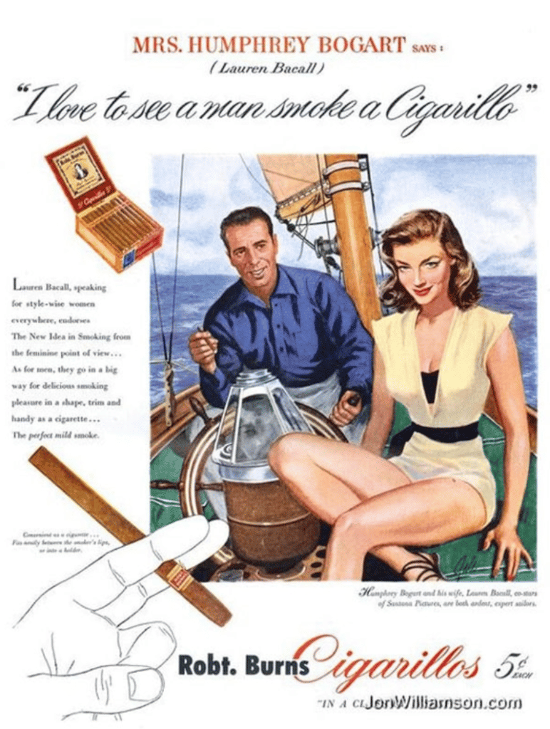 Vintage Ad for Cigarillos showing Lauren Bacall and Humphrey Bogart on a Sailboat